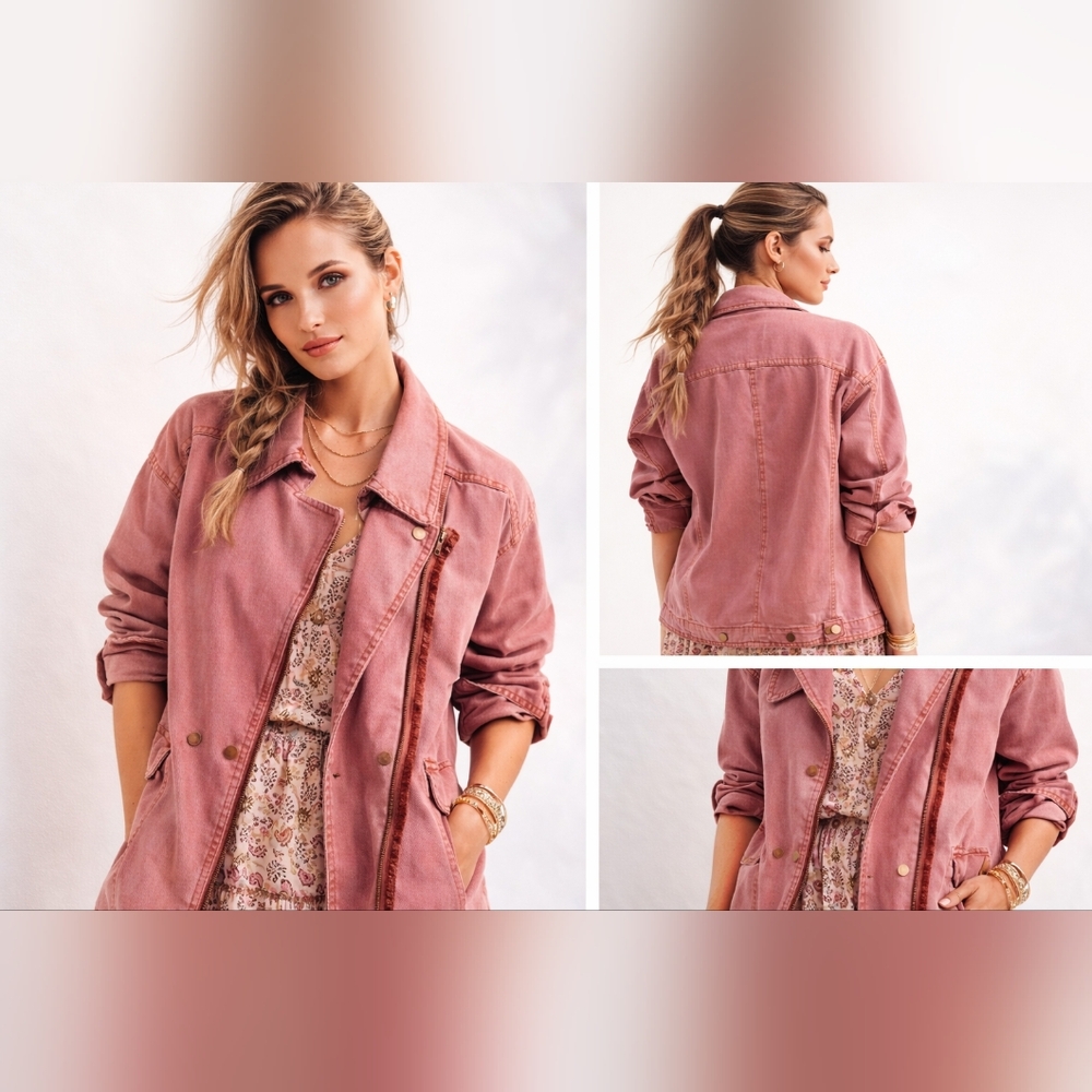 New Anthropologie Letty Relaxed Moto Parka Utility Jacket Mauve Velvet Ribbon - Picture 8 of 13